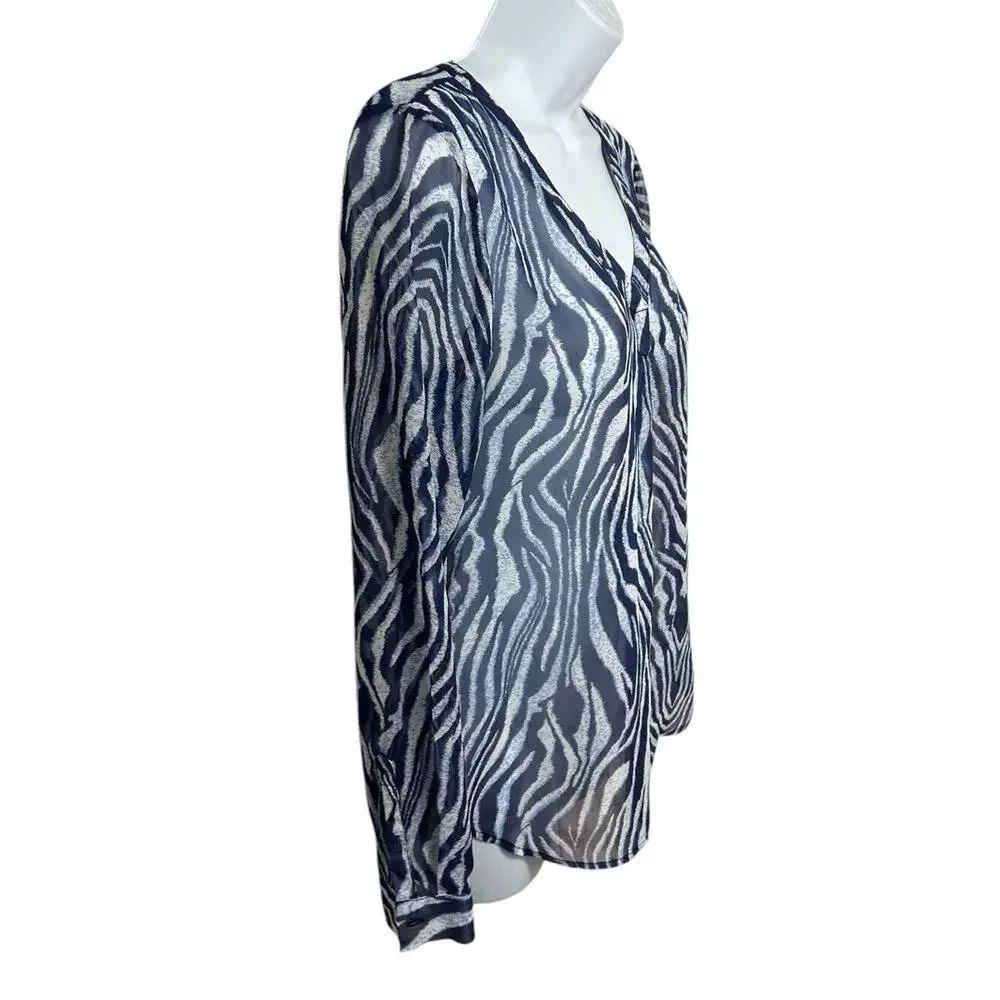 ecru Blue Animal Print Blouse Sz M Loose V-Neck Long Sleeve Top Semi Sheer